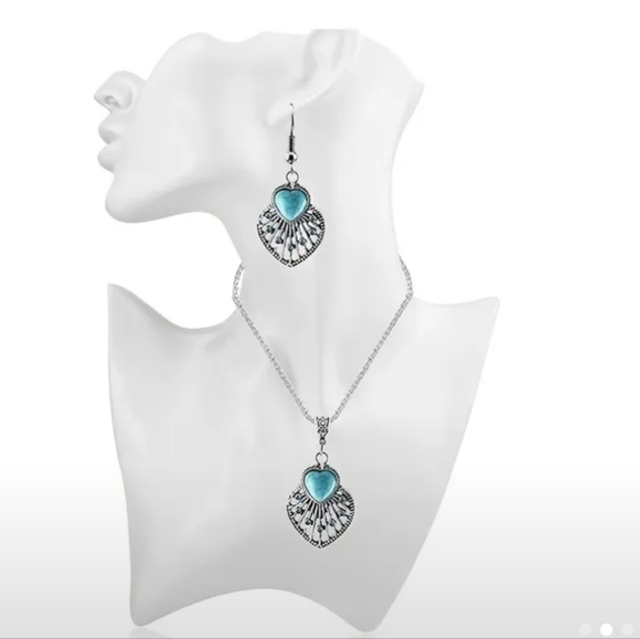 Boho Set Hollow Leaf Shaped Inlay Heart Shape Stone Pendant Necklace & Hook Drop - Picture 2 of 6